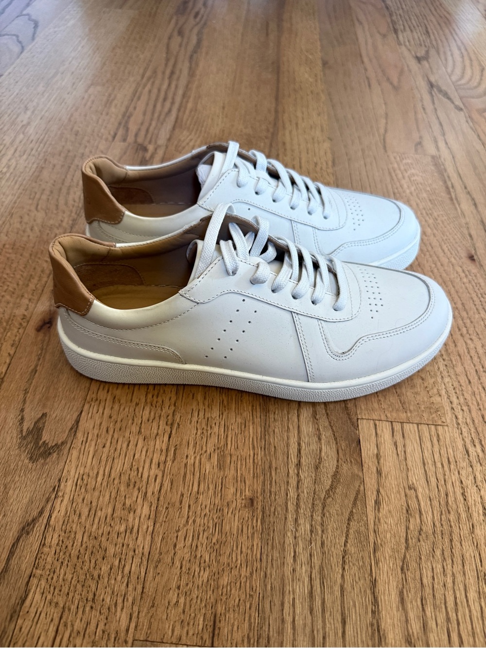 Nisolo White Leather Sneakers with Brown Heel Accent
